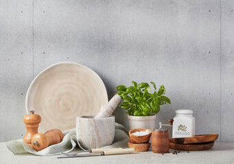 Kitchen utensils on concrete