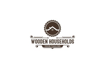 Fototapeta premium the carpenter's house logo with the addition of a round saw illustration combined with the house