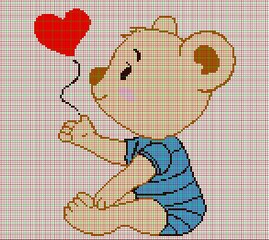 A toy bear holds a heart.Cute little bear. Pixel art.Cross stitch design.Jacquard Pattern