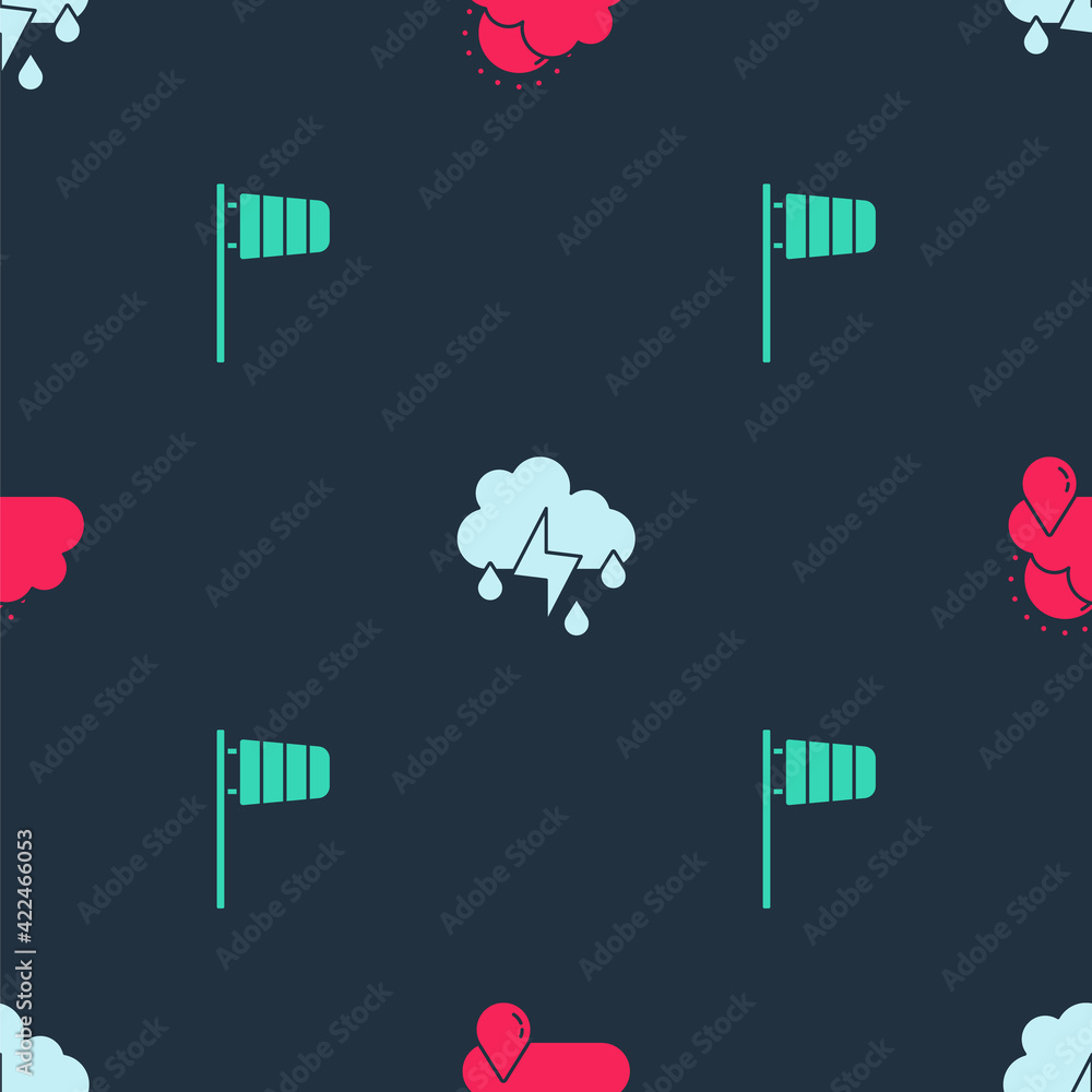 Poster set cloud with rain and sun, lightning and cone windsock wind vane on seamless pattern. vector