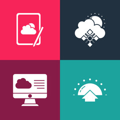 Obraz premium Set pop art Sunrise, Weather forecast, Cloud with snow and sun and icon. Vector