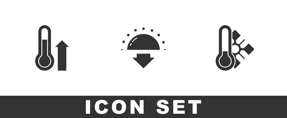 Set Meteorology thermometer, Sunset and icon. Vector