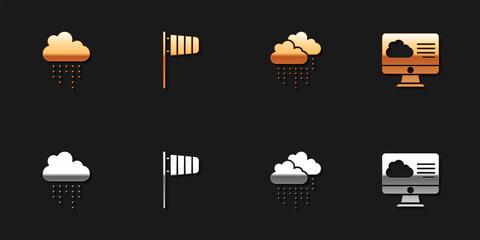 Set Cloud with rain, Cone windsock wind vane, and Weather forecast icon. Vector