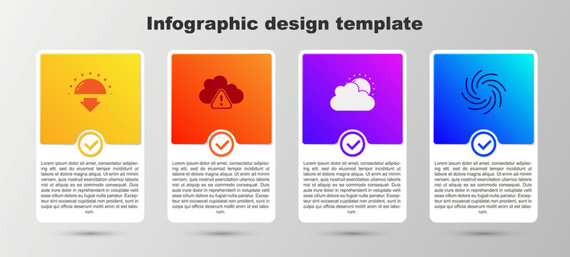 Set Sunset, Storm warning, and cloud weather and Tornado. Business infographic template. Vector
