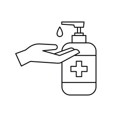 Fototapeta premium Hand sanitizer wash gel linear icon symbol, Thin line stroke isolated on white background, Vector design illustration