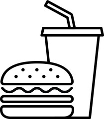 Hamburger and soft drink, Fast food icon, Outline flat design on white background, Vector illustration