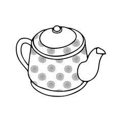 Black hand drawing illustration of a metal kettle with circle pattern and hot water for tea or coffee isolated on a white background
