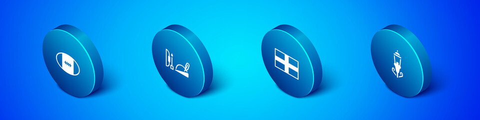 Set Isometric Rugby ball, Flag of England, Vintage street light and Robin hood hat icon. Vector