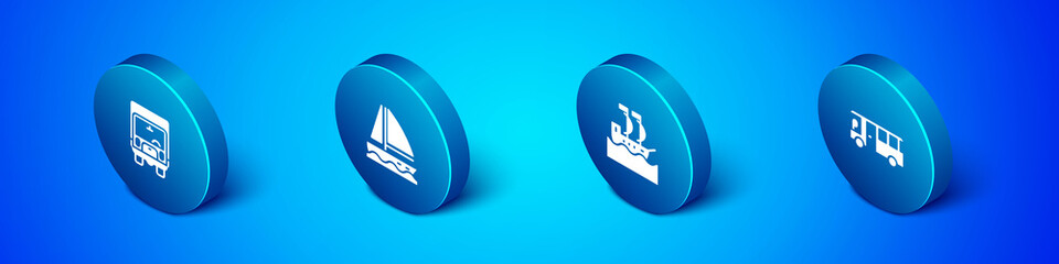Set Isometric Delivery cargo truck, Sailboat, Bus and Yacht sailboat icon. Vector