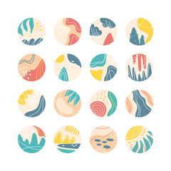 Collection of creative social media highlight covers, travel theme. Design stories round icon with floral elements collection.Sea, sun, beach, sand, mountains abstract. Vector illustration