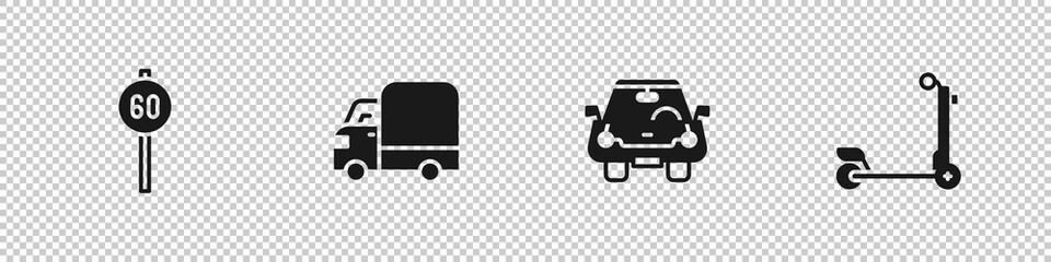 Set Speed limit traffic, Delivery cargo truck, Car and Scooter icon. Vector