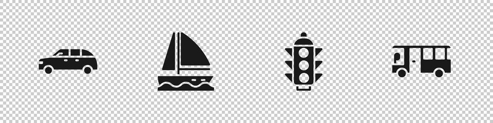 Set Hatchback car, Yacht sailboat, Traffic light and Bus icon. Vector