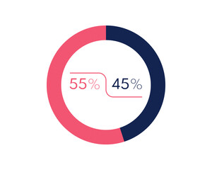 Showing 55 and 45 percents isolated on white background. 45 55 percent pie chart Circle diagram symbol for business, finance, web design, progress