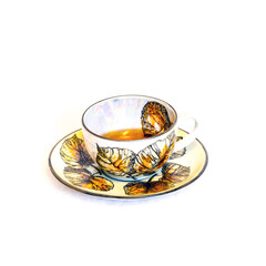 decorated tea mug with saucer on a white background