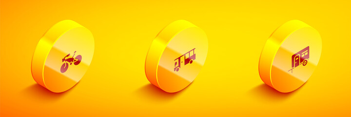 Set Isometric Bicycle, Bus and Rv Camping trailer icon. Vector