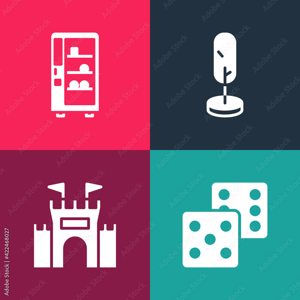 Poster set pop art game dice, castle, tree and vending machine icon. vector