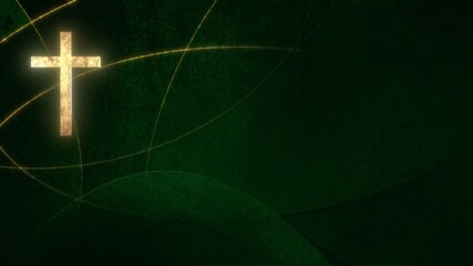 Golden Christian Cross on liturgic green copy space banner background. 3D illustration for online worship live stream church sermon on Ordinary Time. Concept of hope, life and resurrection of Christ.