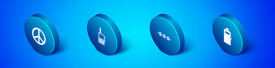 Set Isometric Peace, Barbed wire, Police assault shield and Walkie talkie icon. Vector