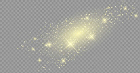 The dust sparks and golden stars shine with special light. Vector sparkles on a transparent background.