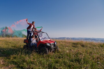  colorful torches while driving a off road buggy car