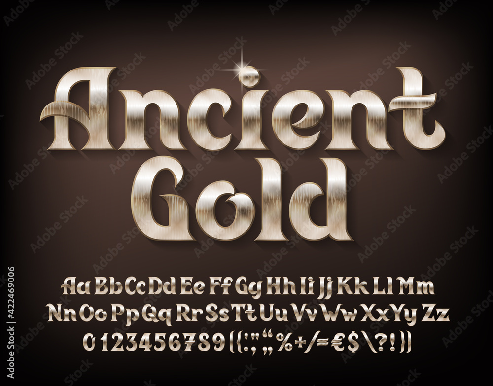 Aufkleber ancient gold alphabet font. beveled golden letters, numbers and punctuations. uppercase and lowercas