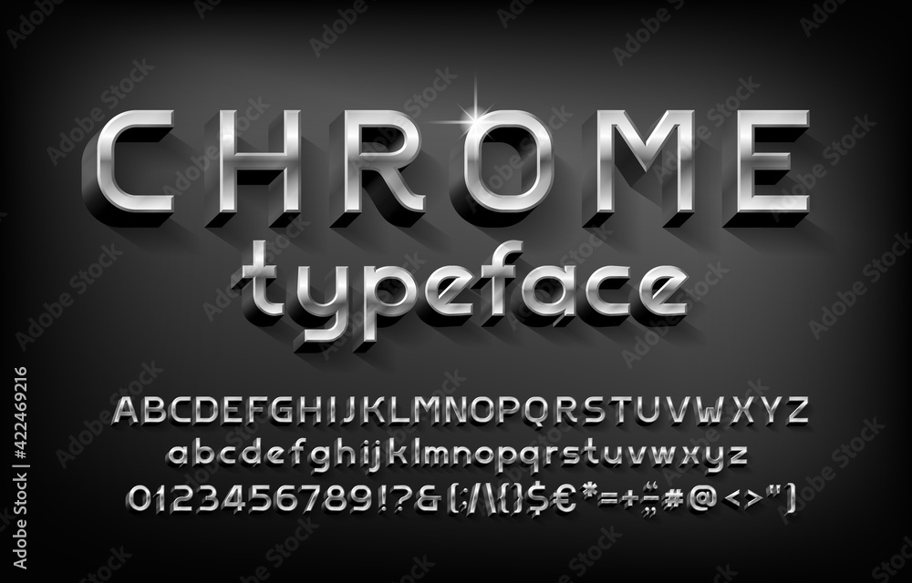 Fototapete chrome alphabet font. 3d metal letters, numbers and punctuation with shadow. stock vector typeface f