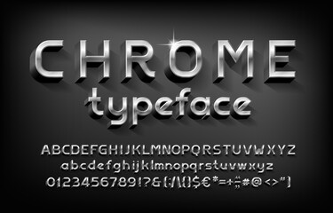 Chrome alphabet font. 3D metal letters, numbers and punctuation with shadow. Stock vector typeface for your typography design.