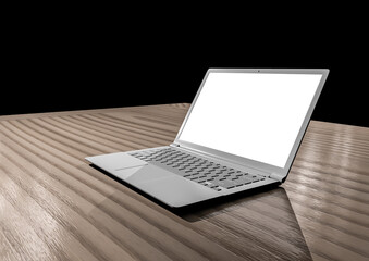 Laptop computer mockup with white blank screen on wooden table