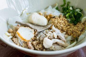 Noodles with boiled pork and meat ball, Thai cuisine