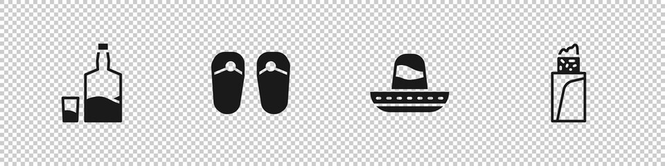Set Tequila bottle and glass, Flip flops, Mexican sombrero and Burrito icon. Vector