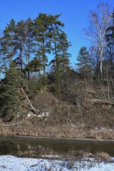 picturesque landscape of early spring on the river on a sunny day. Snow melting, nature awakening
