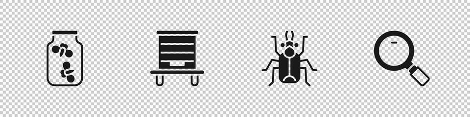 Fototapeta premium Set Fireflies bugs in a jar, Hive for bees, Beetle and Magnifying glass icon. Vector