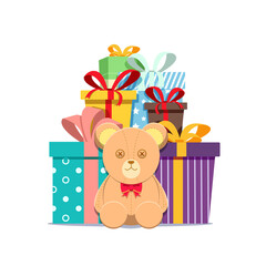 Big pile of colorful wrapped gift boxes with ribbons and teddy bear doll. Lots of presents. Flat style vector illustration isolated on white background