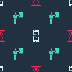 Set Old hourglass with sand, Broken ancient column and Museum guide on seamless pattern. Vector