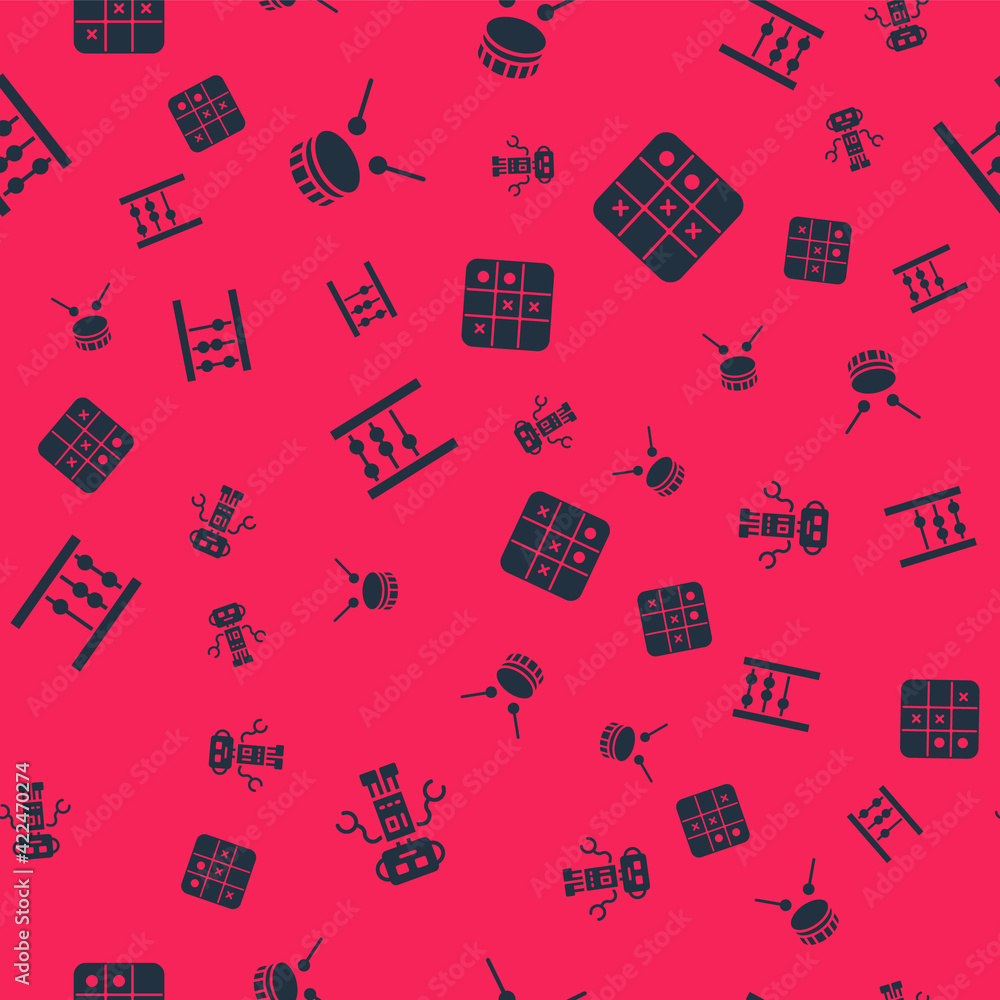 Poster set robot toy, drum with drum sticks, abacus and tic tac toe game on seamless pattern. vector