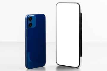 Two modern mobile phone mockup, front and back sides, gray background