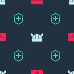 Obraz premium Set Antique treasure chest, Viking in horned helmet and Shield on seamless pattern. Vector