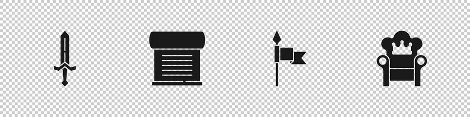 Set Medieval sword, Decree, parchment, scroll, spear and throne icon. Vector