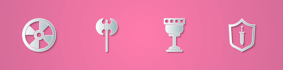 Set paper cut Round wooden shield, Medieval axe, goblet and with sword icon. Paper art style. Vector