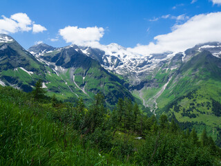 View of the countryside and valley of Austria in the Alps on Road to Großglockner Grossglockner National Park.