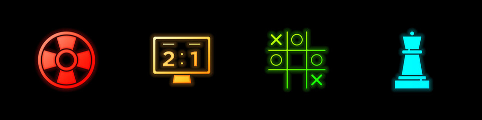 Set Casino chip, Sport mechanical scoreboard, Tic tac toe game and Chess icon. Vector