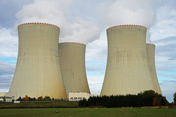 Temelin Nuclear power station plant with two atomic reactors and four cooling towers, Temelin,...