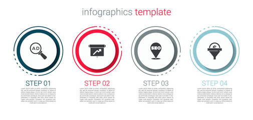 Set Advertising, Board with graph chart, SEO optimization and Lead management. Business infographic template. Vector