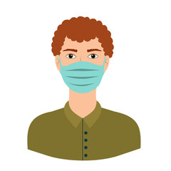 Red curly guy in medical mask on a white background. Simple vector illustration with virus protection concept . Perfect for a medical poster, advertisement or website 