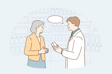 Drugstore assistant during work concept. Young smiling male pharmacist cartoon character woking with his client advising mature woman treatment vector illustration 