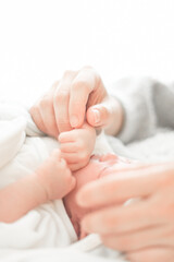 Fototapeta na wymiar Baby feet. Tiny Newborn Baby's feet and hands closeup. Happy Family concept. Beautiful conceptual image of Maternity. Banner