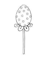 Vector outline egg shape lollipop on stick. Hand drawn contour doodle clip art. For Easter, confectionery decoration, food illustration. Template for creativity