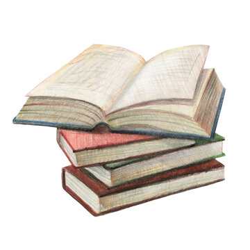 Drawn books. Illustrating education. Books drawn with watercolor pencils isolated on white background. study, philosophy, self-development.