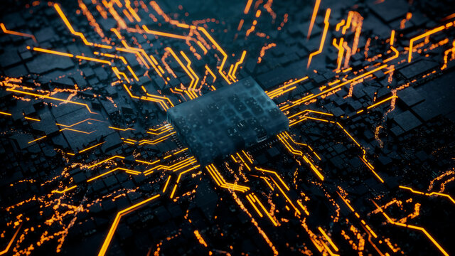Advanced Technology Concept with Microchip. Orange Neon Data flows from the CPU across a Futuristic Motherboard. 3D render.