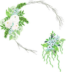 Vector watercolor white flower and green leaves bouquet with circle branch frame
